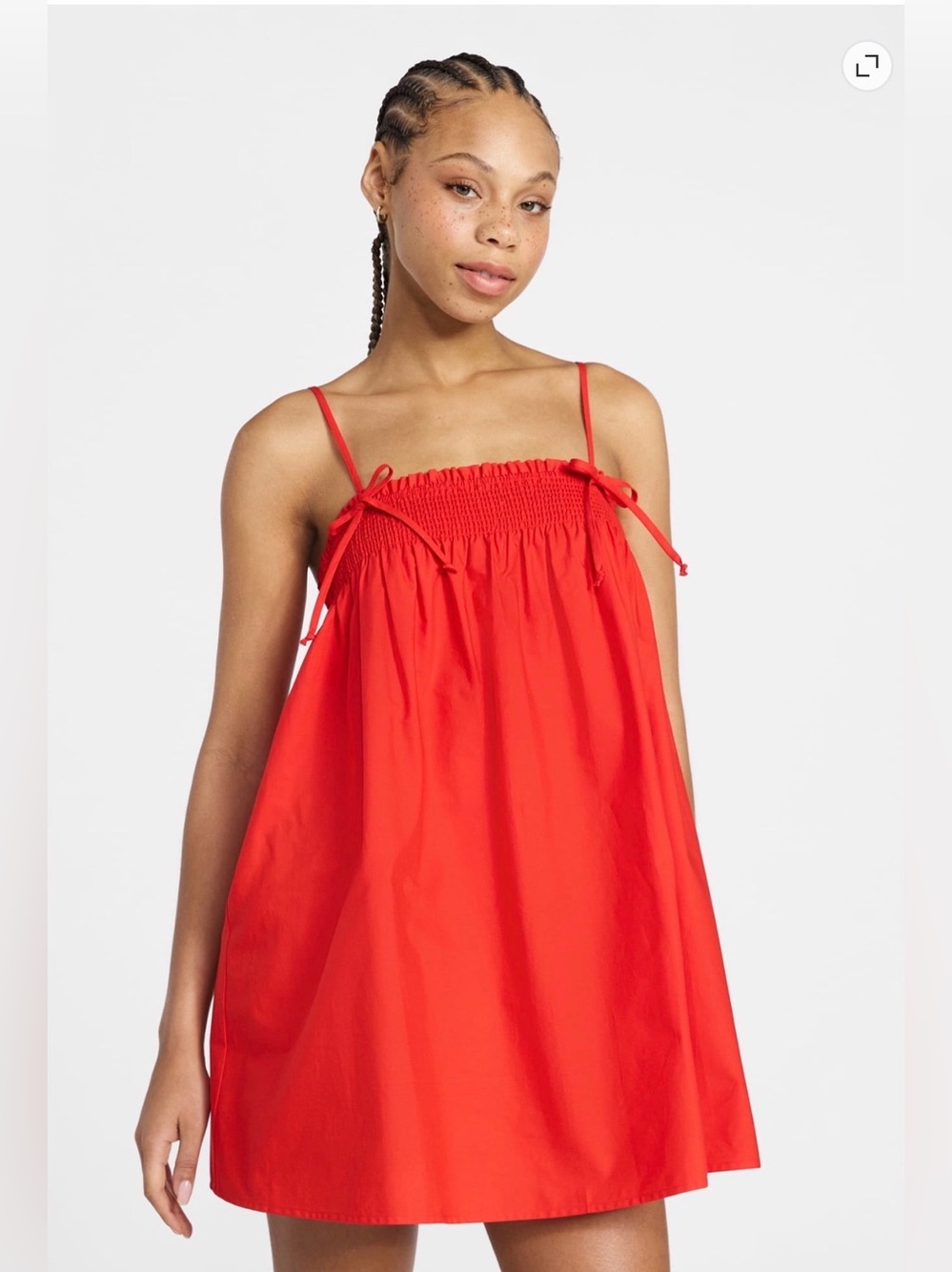 (474)No Boundaries Cotton Poplin Smocked Mini Dress with Tie Straps,